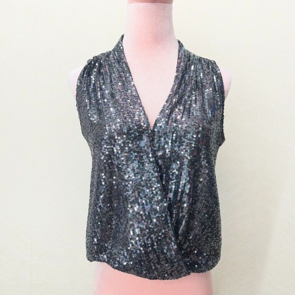 Heartloom Black Sequin V-Neck Sleeveless Surplice Wrap Blouse Top Womens Size XS